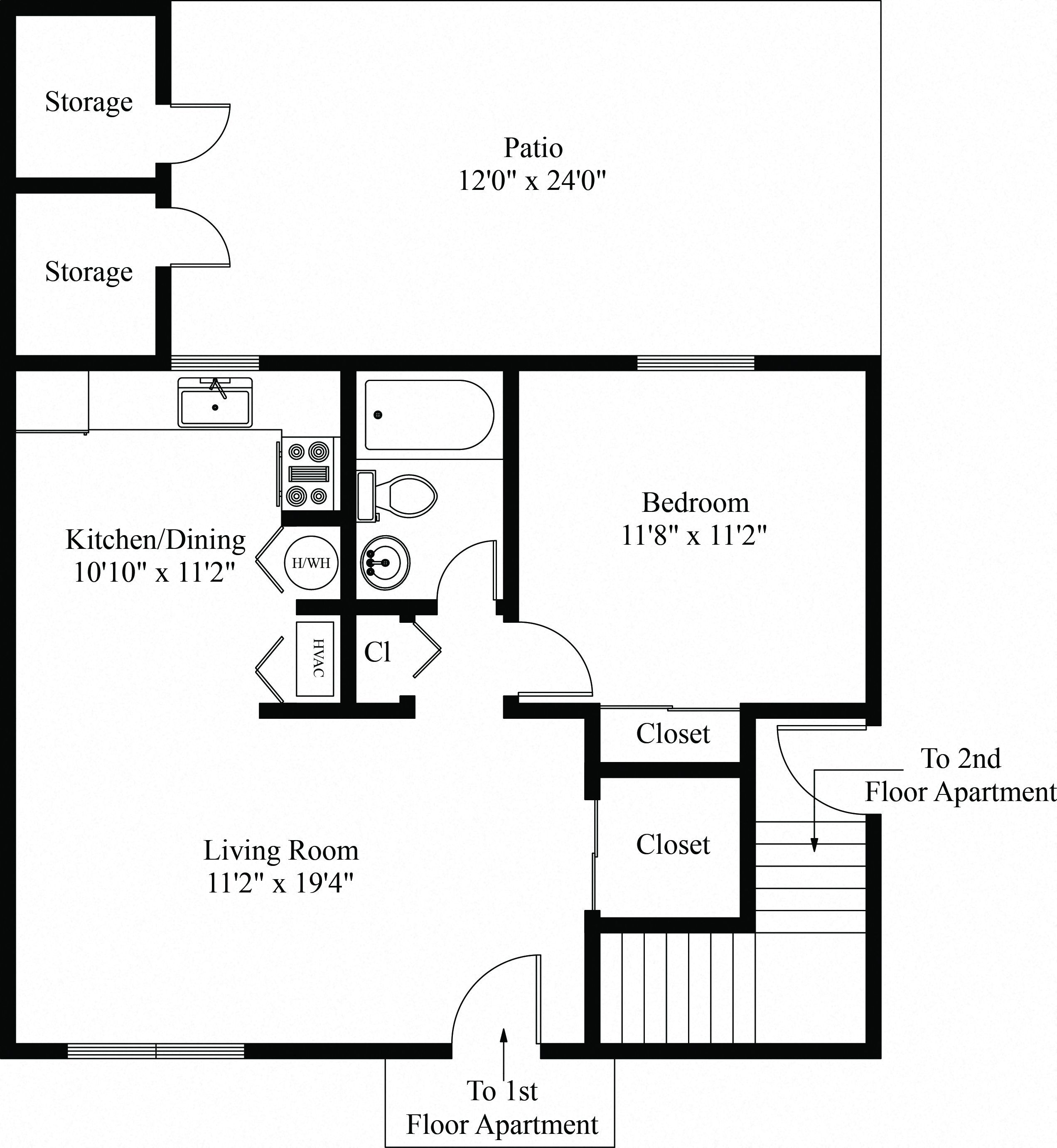 Floor plan for 1 bed, 1 bath, 576 sqft